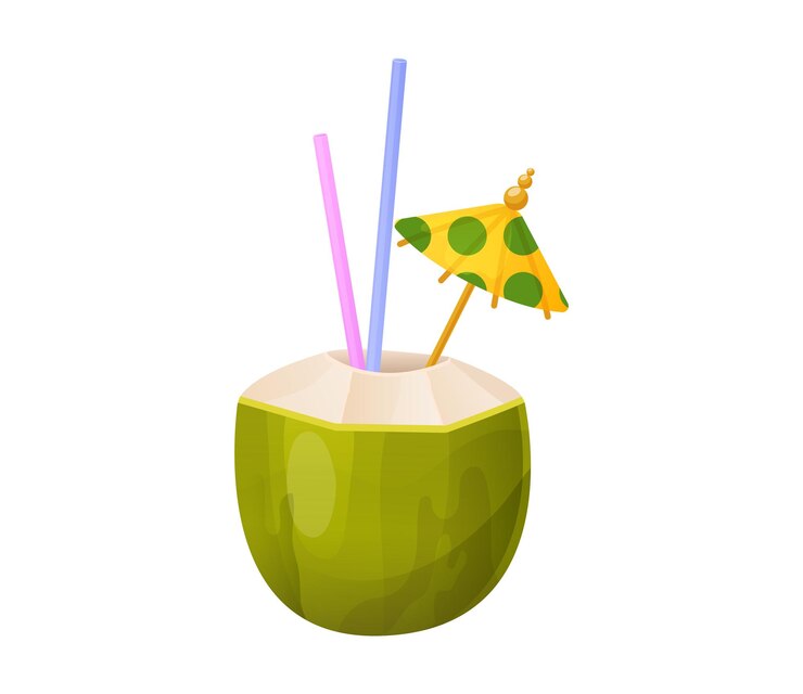 Vector concepto de agua de coco tropical decorar paraguas bebida natural saludable batido icono vector de dibujos animados