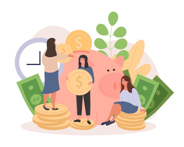 El concepto de ahorrar dinero las chicas se paran en las monedas las novias recogen dólares metáfora de la valoración alfabetizada