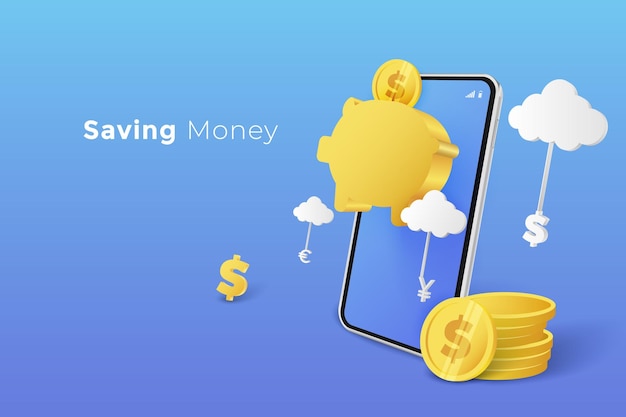 Concepto de ahorro de dinero e inversión Moneda en la alcancía de la meta con ilustración vectorial de teléfono inteligente