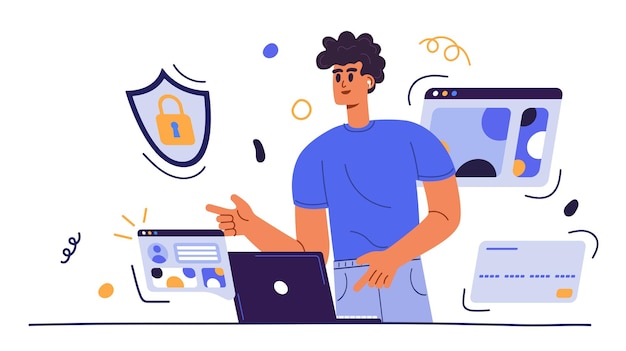 Concepto de ahorro de dinero Pago seguro concepto plano moderno para diseño de banner web El hombre realiza pagos en línea Protección de transacciones Ilustración vectorial