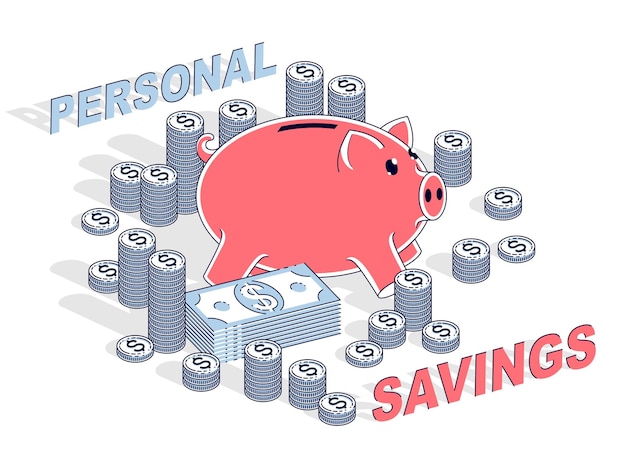 Concepto de ahorro personal, Piggy Bank con montones de dólares y montones de monedas de centavo aislados en fondo blanco. Ilustración isométrica de negocios y finanzas vectoriales, diseño de línea delgada 3d.