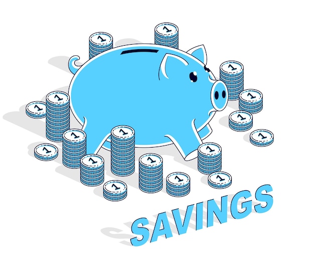 Concepto de ahorro personal, Piggy Bank con pilas de monedas de céntimo aisladas sobre fondo blanco. Ilustración isométrica de negocios y finanzas vectoriales, diseño de línea delgada 3d.