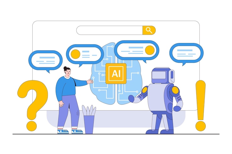 Vector concepto ai de inteligencia artificial con una persona que interactúa con dispositivos aipowered o asistentes virtuales chatbot