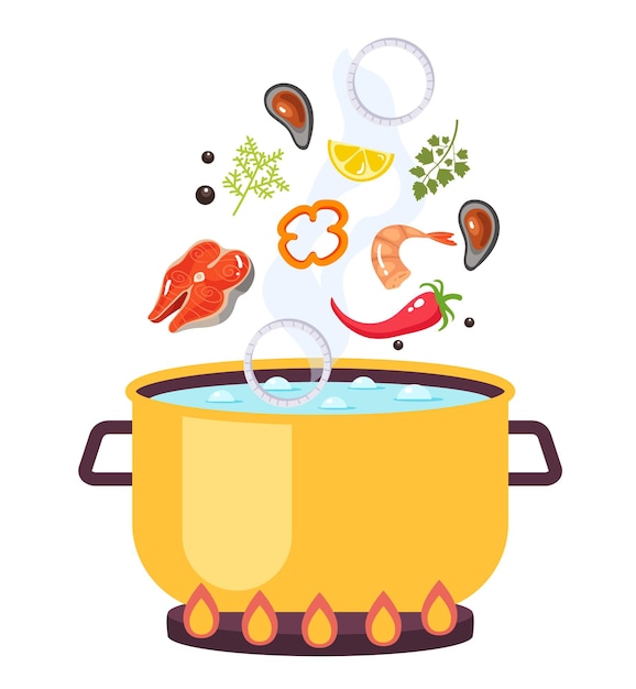 El concepto aislado de cocción de sopa de cocina Ilustración de diseño gráfico de dibujos animados planos vectoriales