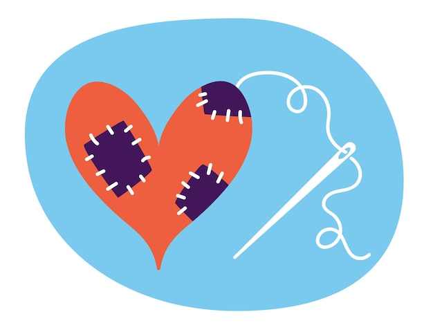 El concepto aislado de coser un corazón roto Ilustración de diseño gráfico plano vectorial