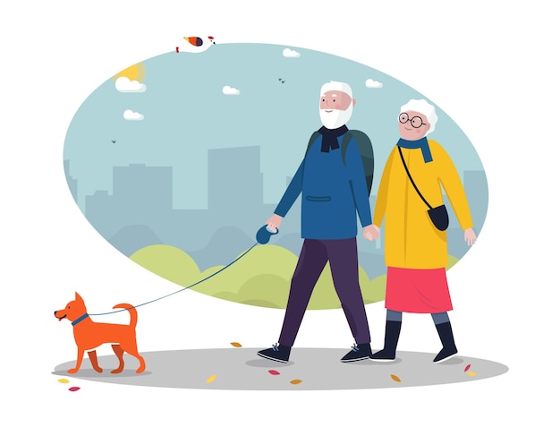 Concepto al aire libre de estilo de vida activo Senior Senior pareja caminando con perro paisaje urbano en el fondo