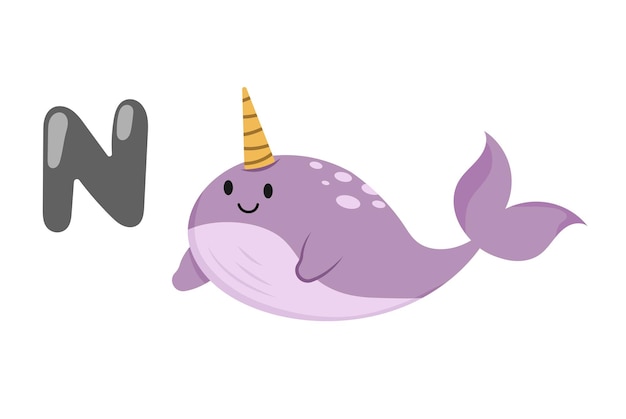 Concepto Alfabeto N narval pez narval Esta ilustración presenta un diseño de dibujos animados de vector plano