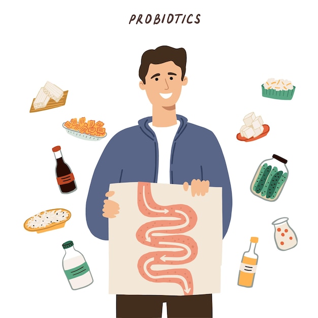 Concepto de alimentos probióticos. el hombre prefiere alimentos que contengan bacterias buenas, yogur, kéfir, tempeh y otros. dibujado a mano ilustración vectorial plana