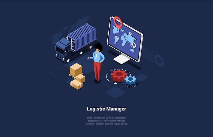 Vector concepto de almacén de logística mundial y gerente de logística de negocios globales controla el momento de la carga de almacenamiento descarga de mercancías en almacén y entrega a tiempo ilustración vectorial 3d isométrica