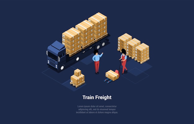 Concepto De Almacén Tren Carga Negocio Global Almacén Trabajador Cargando Camión Por Cajas De Cartón Usando Pallet Jack Manager O Boss Controles Proceso Isométrico Dibujos Animados 3D Vector Ilustración