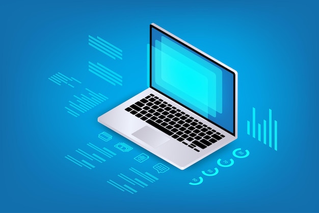 Concepto de almacenamiento de computadora portátil isométrica vectorial Fondo abstracto de tecnología