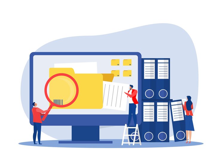Vector concepto de almacenamiento de datos hombre usando lupa y buscando archivos en una base de datos electrónica