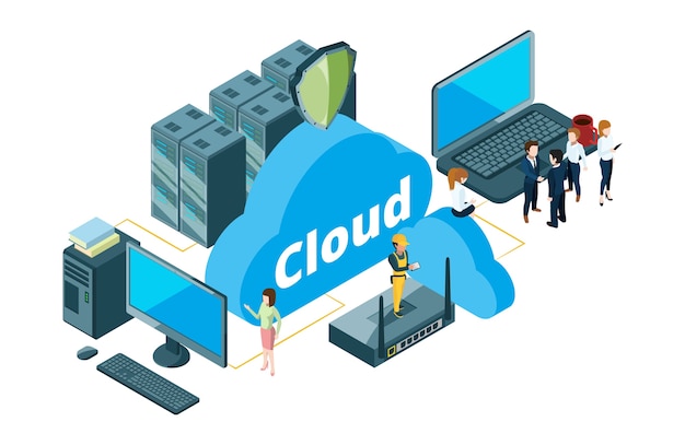 Concepto de almacenamiento en la nube. Ilustración de vector de transferencia de datos isométrica. Los empresarios y el ama de casa utilizaron el almacenamiento en la nube. Alojamiento en la nube de datos, almacenamiento de bases de datos isométricas