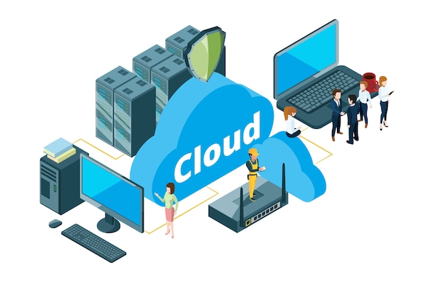 Concepto de almacenamiento en la nube. ilustración de vector de transferencia de datos isométrica. los empresarios y el ama de casa utilizaron el almacenamiento en la nube. alojamiento en la nube de datos, almacenamiento de bases de datos isométricas