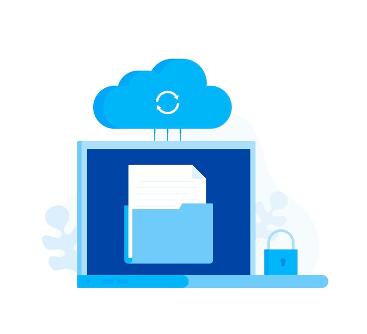 Vector concepto de almacenamiento en la nube con laptop. ilustración de vector de estilo plano moderno.
