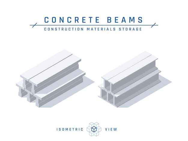 Vector concepto de almacenamiento de vigas de hormigón, vista isométrica para diseños arquitectónicos en estilo plano
