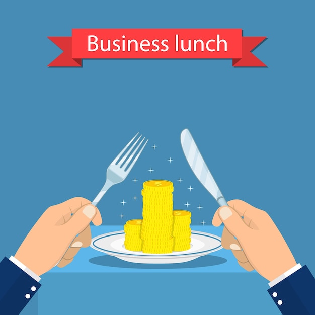 Vector concepto de almuerzo de negocios. manos sosteniendo cuchillo y tenedor y moneda en el plato. diseño plano de ilustración vectorial. .
