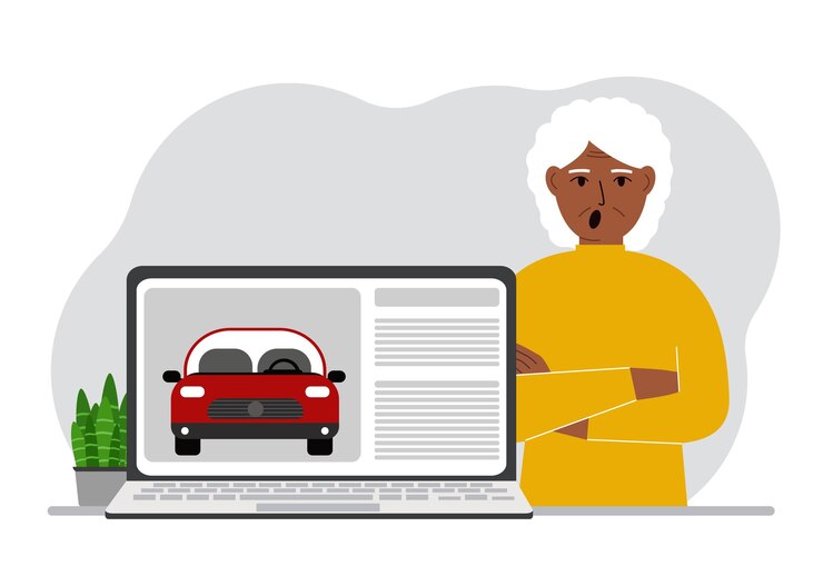 Vector el concepto de alquilar o comprar un automóvil una abuela con una computadora portátil en qué sitio sobre el automóvil