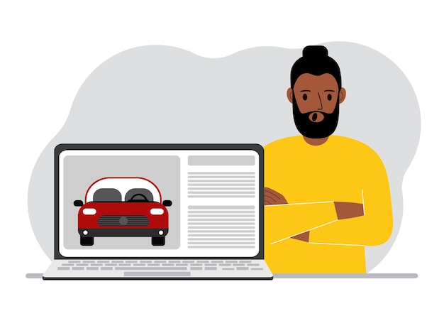 El concepto de alquilar o comprar un automóvil Un hombre con una computadora portátil en qué sitio sobre el automóvil