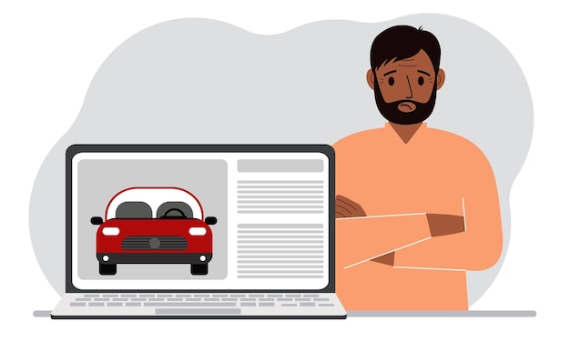 El concepto de alquilar o comprar un automóvil Un hombre con una computadora portátil en qué sitio sobre el automóvil
