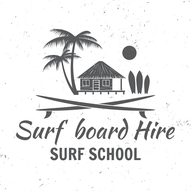 Concepto de alquiler de tablas de surf Vector Insignia retro de surf de verano Concepto de surf