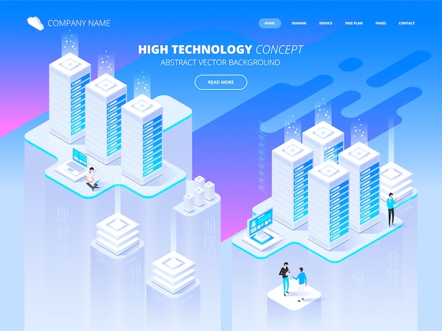 Concepto de alta tecnología Centro de datos, procesamiento de big data, proceso de red, enrutamiento y almacenamiento de datos. Ilustración isométrica