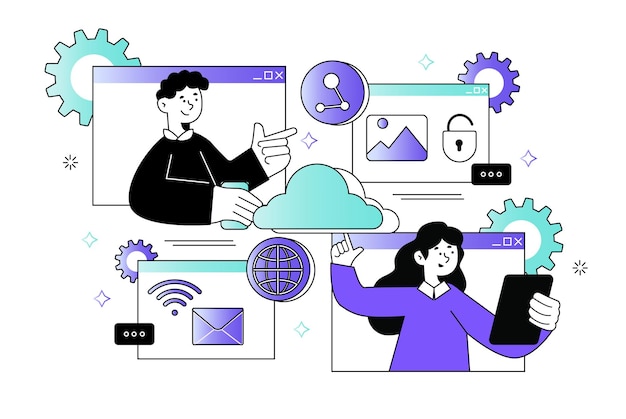 Concepto de altura de la cintura del servicio en la nube con escena de personas en el estilo de dibujos animados planos