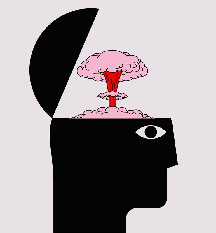 Concepto alucinante con silueta de cabeza humana con caja cerebral abierta y explosión nuclear