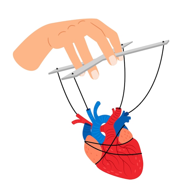 Vector concepto de amor de marionetas. amante corazón manipulando, mujer alma en cuerdas, hombres niñas relaciones obediencia y manipulación, titiritero mano dolorosa marioneta obediente, vector aislado en blanco