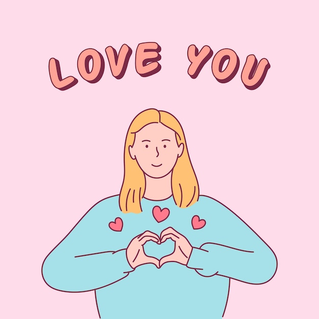 concepto de amor La mujer joven muestra un signo del corazón.