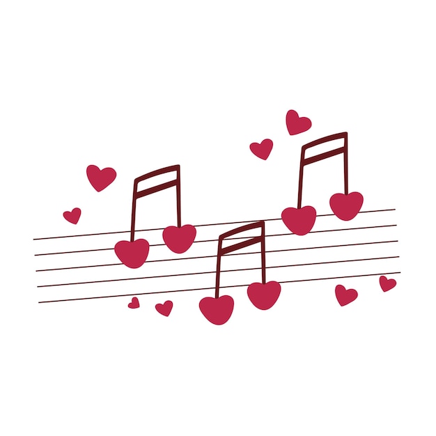 Vector el concepto de amor musical observa corazones en imágenes prediseñadas de pentagrama romántica ilustración dibujada a mano para san valentín