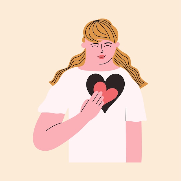 Vector el concepto de amor propio sinceridad bondad sinceridad la mujer pone su corazón dentro de sí misma vector dibujado a mano ilustración