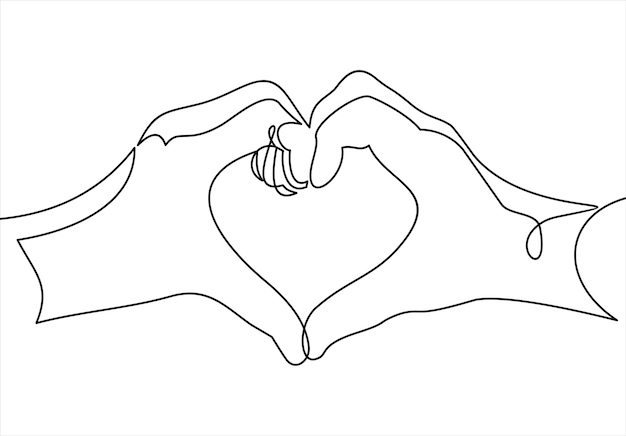 Concepto de amor representado por la mano humana y el icono en forma de corazónlínea continua
