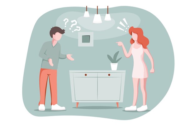 Concepto de amor de ruptura de divorcio pareja casada pelea mujer acusa al hombre de algo malentendido argumento de resentimiento y manipulación en vector de problema de relación de relación de amor