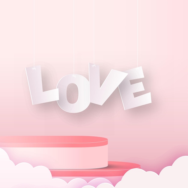 Concepto de amor y San Valentín con podio rosa y nubes voladoras. ilustración vectorial