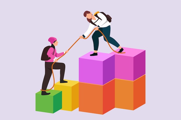 Concepto de análisis de asociación empresarial de trabajo conjunto o trabajo en equipo Los colegas trabajan juntos con formas geométricas Ilustración de vector plano coloreado aislado