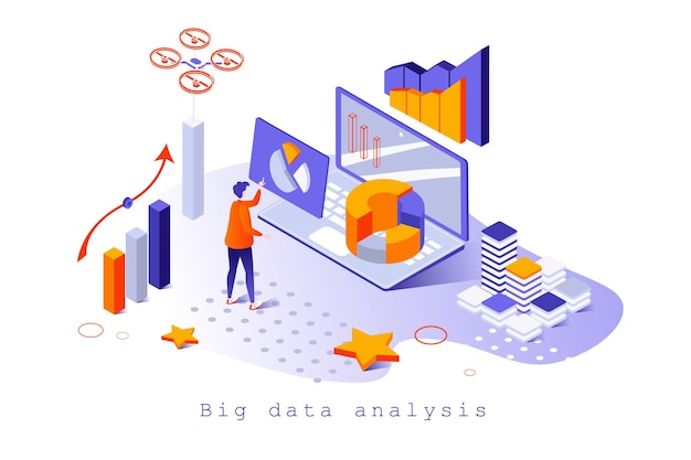 Concepto de análisis de big data en diseño isométrico 3d usuario que realiza trabajos de investigación de marketing