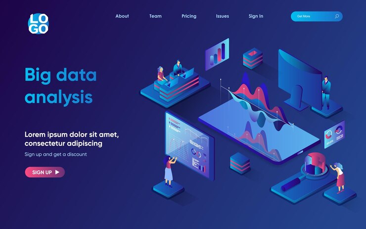 Vector concepto de análisis de big data página de inicio web isométrica 3d personas que hacen informes financieros y mercado