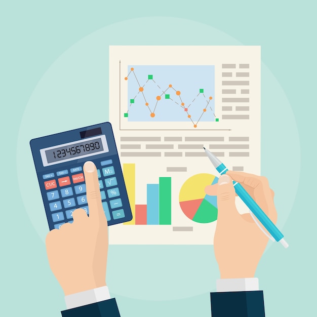 Concepto de análisis de datos. Análisis de negocio. Auditoría financiera, planificación. Gráficos y tablas. Pluma y calculadora en mano sobre fondo.