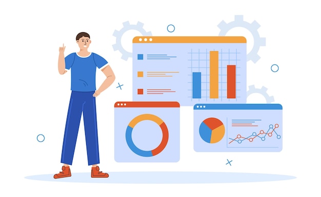 Concepto de análisis de datos comerciales joven empresario o contador estudia infografías estadísticas financieras en la ventana web estrategia de desarrollo de la empresa ilustración vectorial plana