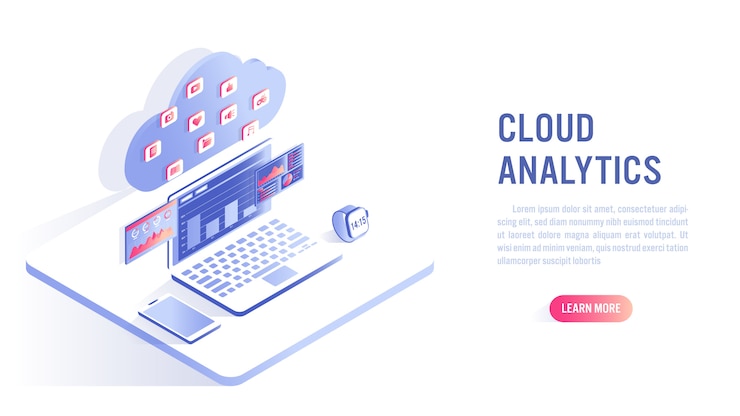 Vector concepto de análisis de datos y computación en la nube. llamado a la acción o plantilla de banner web