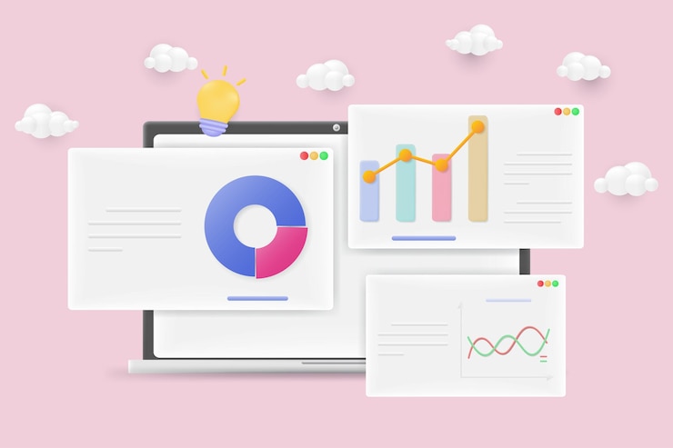 Vector concepto de análisis de datos dashboard seo en pantalla portátil informe financiero empresarial ilustraciones vectoriales 3d