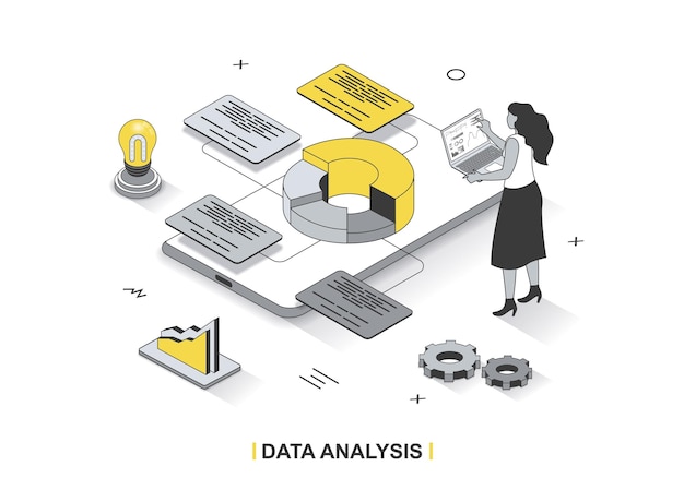 Concepto de análisis de datos en diseño de contorno isométrico 3d mujer estudia estadísticas e investiga gráfico