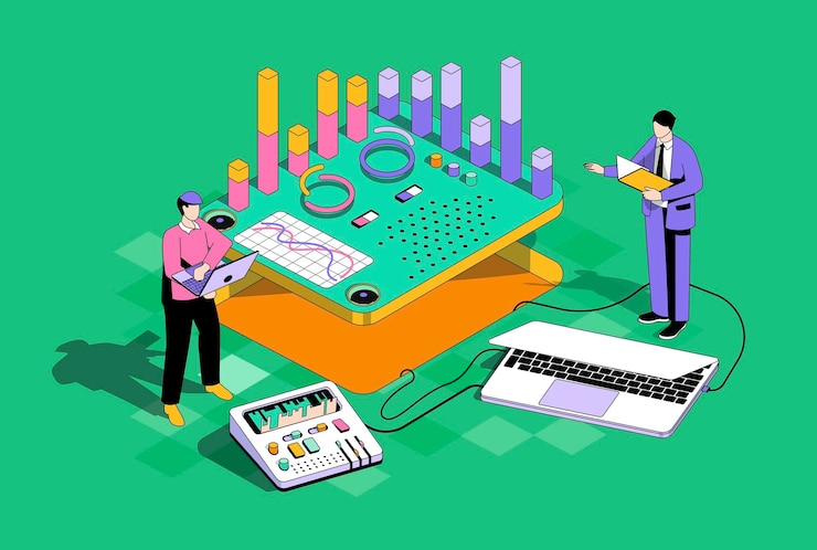 Vector concepto de análisis de datos en diseño isométrico 3d los hombres elaboran informes y trabajos de investigación de mercado con tablas o gráficos en el tablero de instrumentos de las computadoras portátiles ilustración de isometría vectorial con escena de personas para gráfico web
