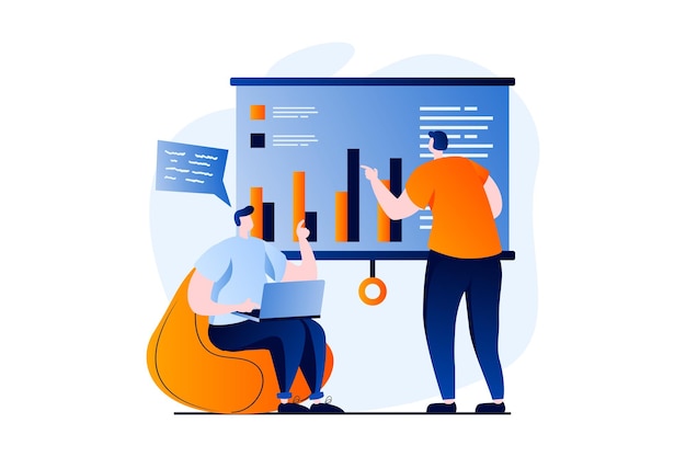 Concepto de análisis de datos con escena de personas en diseño de dibujos animados planos Discusiones de hombres y trabajo con estadísticas en la presentación analizando gráficos auditoría comercial Ilustración vectorial historia visual para web