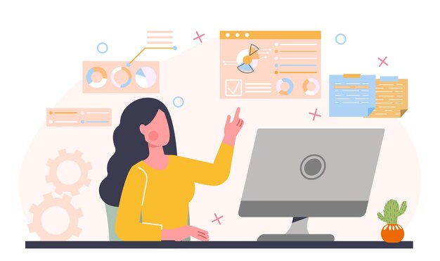 Concepto de análisis de datos mujer sentada en una computadora portátil y estudiando datos estadísticos en forma de tablas