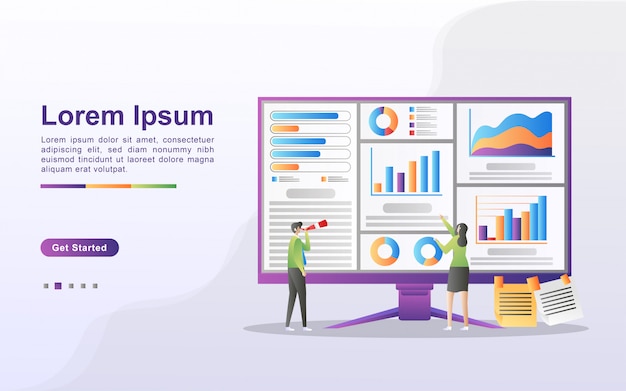 Concepto de análisis de datos. Las personas analizan los movimientos del gráfico y el desarrollo empresarial. Gestión de datos, auditoría e informes. Se puede utilizar para la página de destino web, banner, folleto, aplicación móvil.