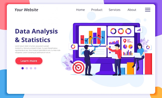 Concepto de análisis de datos, las personas trabajan frente a una pantalla grande. Auditoría y análisis. plantilla de página de destino del sitio web
