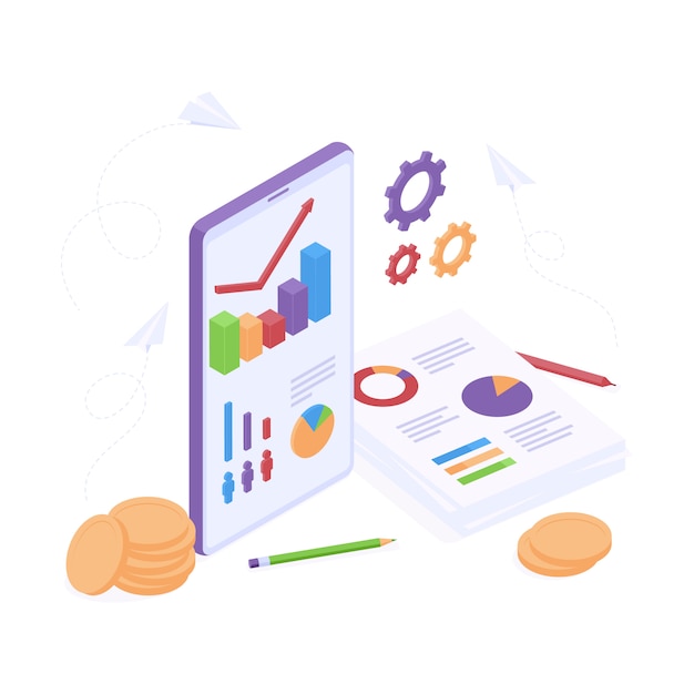 Concepto de análisis empresarial isométrico con gráficos en teléfonos móviles y documentos en papel