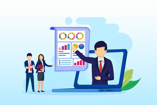 Concepto de análisis empresarial Las personas trabajan frente a una computadora portátil grande Auditoría Vector de consultoría financiera